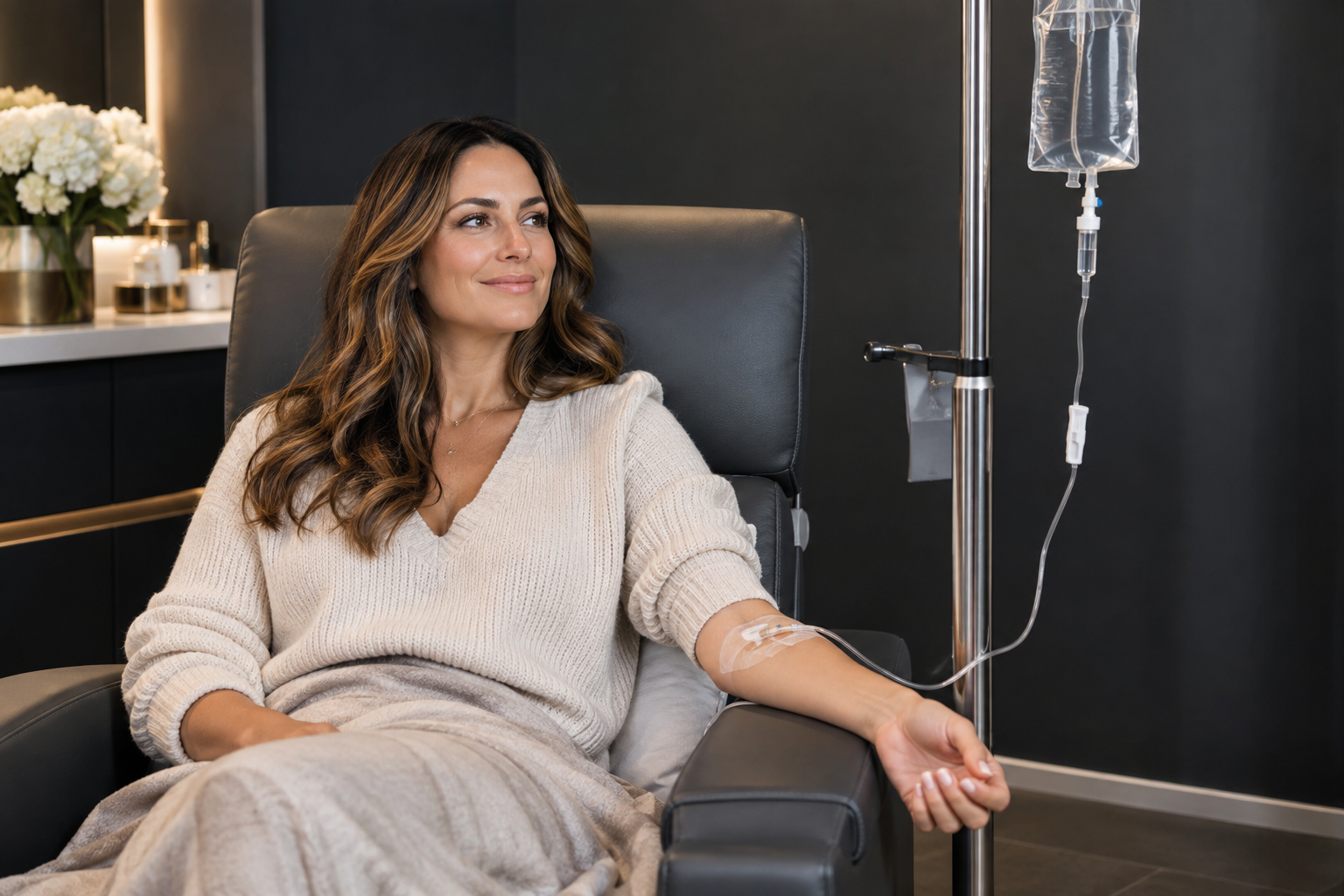 Patient relaxing during an IV vitamin therapy session — AI-generated illustrative image, not an actual patient or clinical record. / Paciente relajada durante una sesión de vitaminas intravenosas — imagen ilustrativa generada con IA, no es un paciente ni un registro clínico real.
